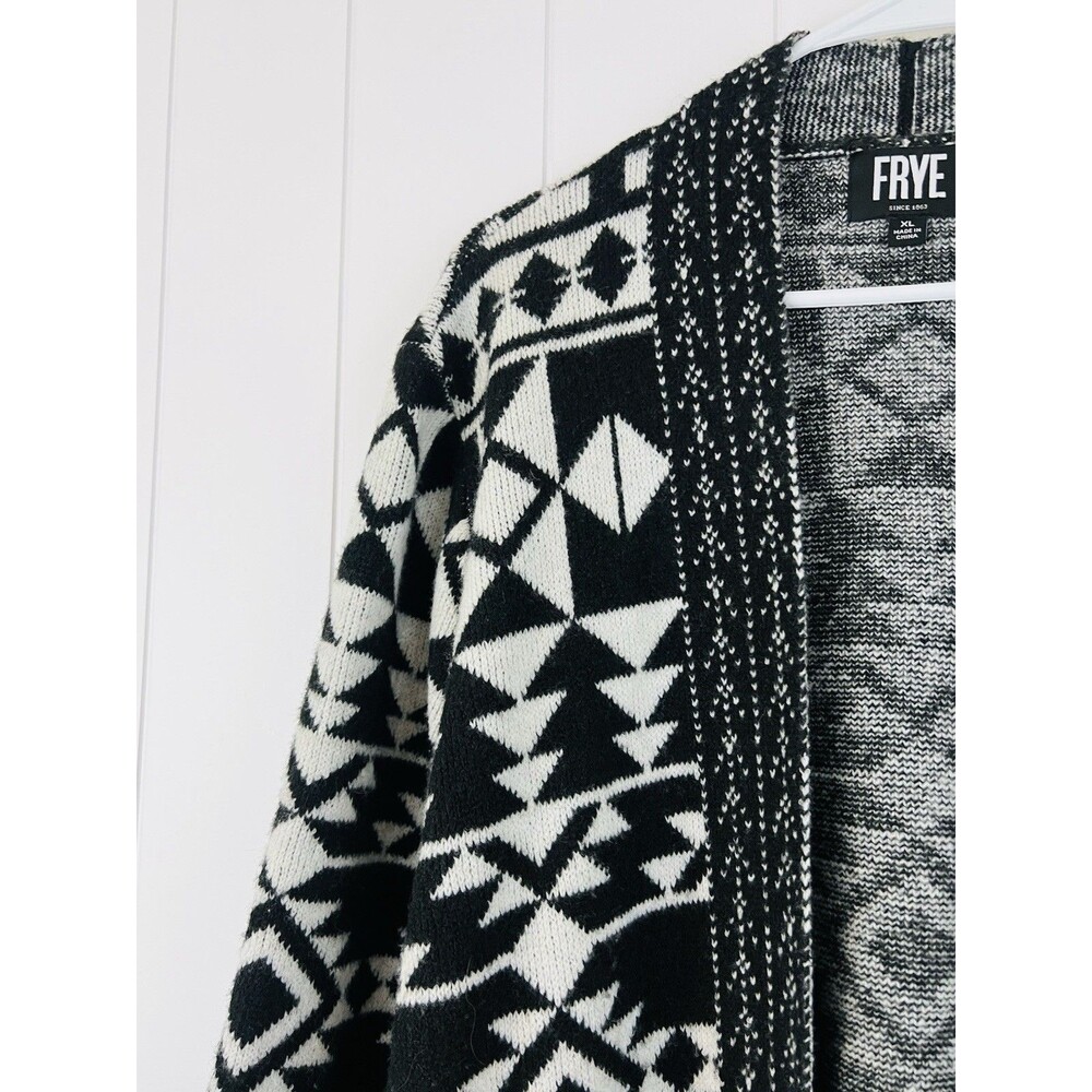 Frye Black White Geometric Jacquard Open Front Cardigan Sweater Aztec Boho XL - Picture 4 of 8